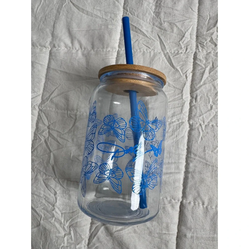 Dolly Parton Blue Butterfly NEW Glass Can Tumbler with Bamboo Lid and Straw 16oz